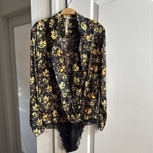 FREE PEOPLE Black and Yellow Floral Women's bodysuit